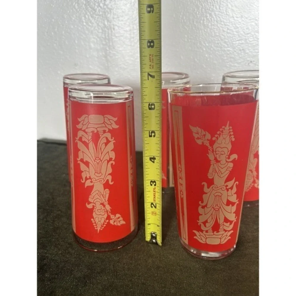 5-PC Vintage‎ Mid-century Modern Thai Goddess Culver Red Gold 12oz Glasses Gift